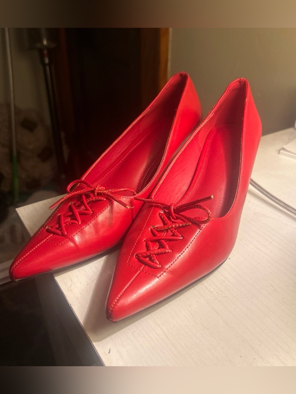 Coutgo Red Pointed-Toe Lace Accent Women’s Kitten Pumps